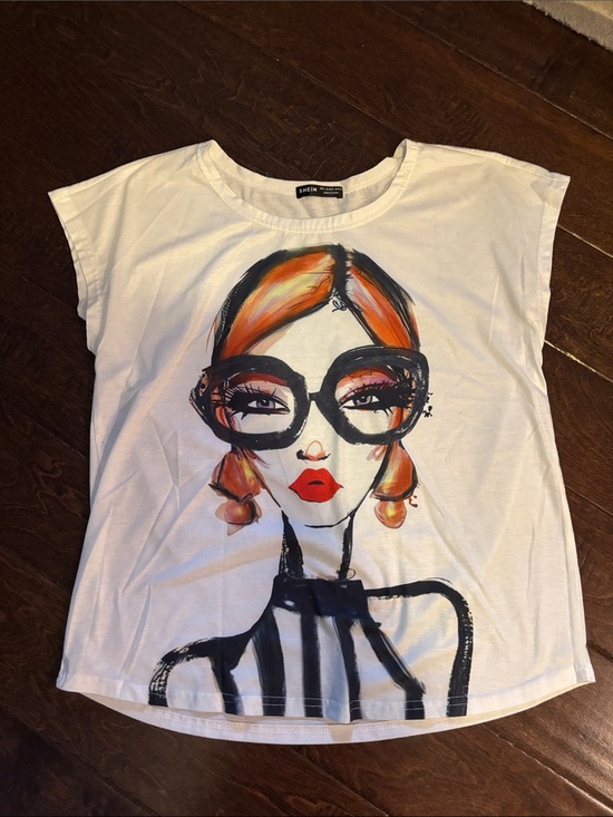 SHEIN Tops - SHEIN White Short Sleeve Tee with Orange-Haired Graphic Girl, sz large